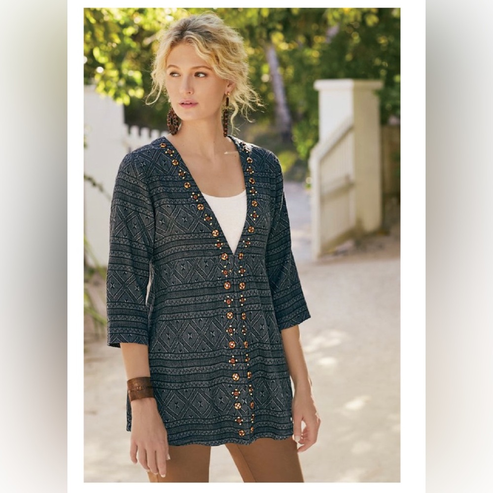 Soft surroundings Beatrice Topper Tribal beaded Trim Cardigan